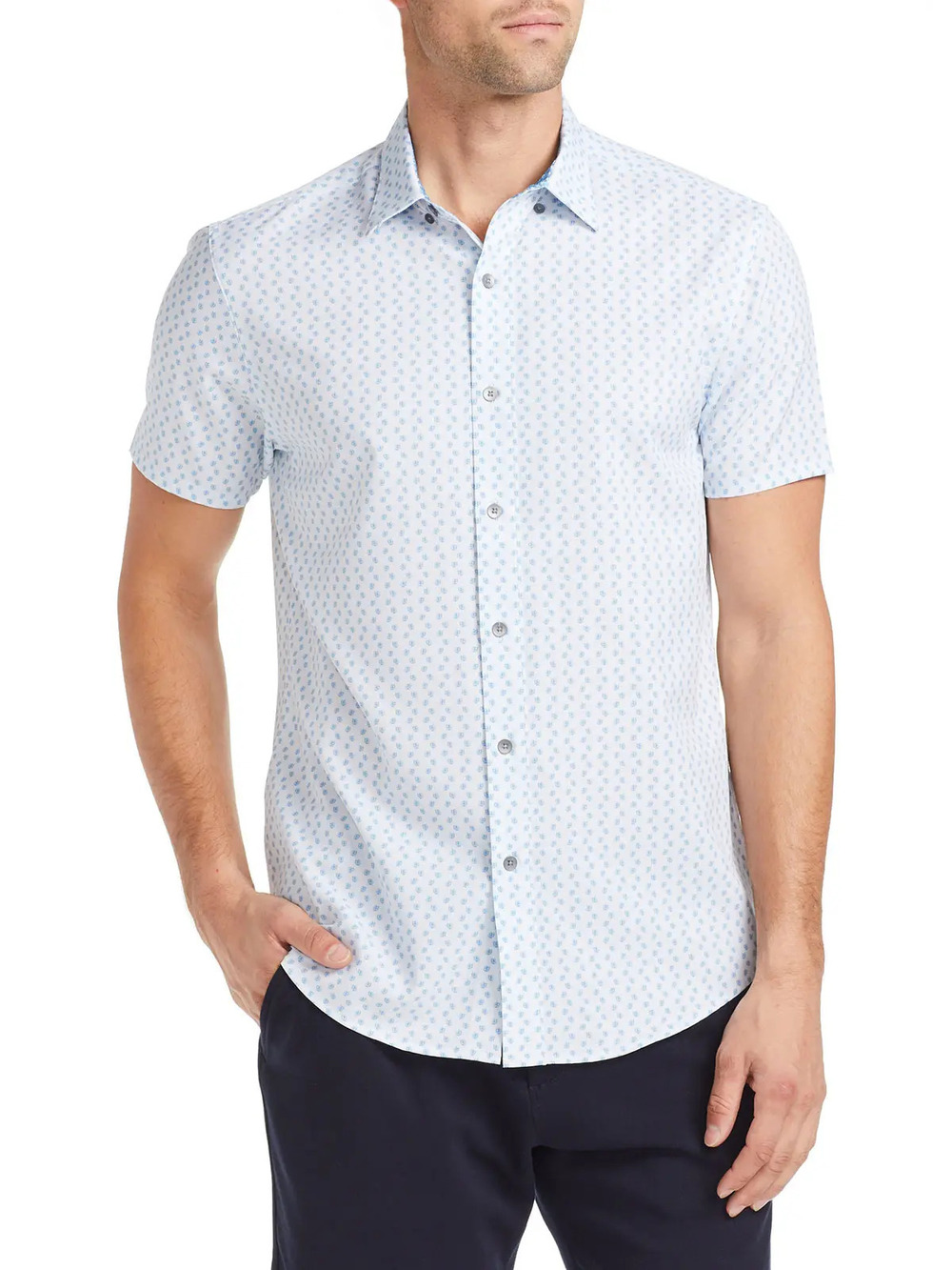 W.R.K White With Light Blue Mini Dot Print 4-Way Stretch Short Sleeve Shirt/6708